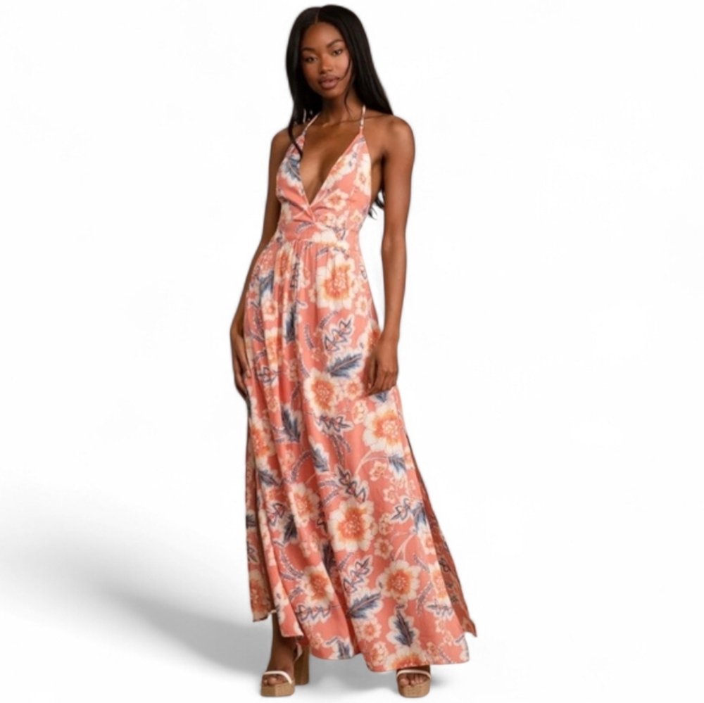 O'neill Annalisa Coral Floral Halter Maxi Dress Boho Feminine 234